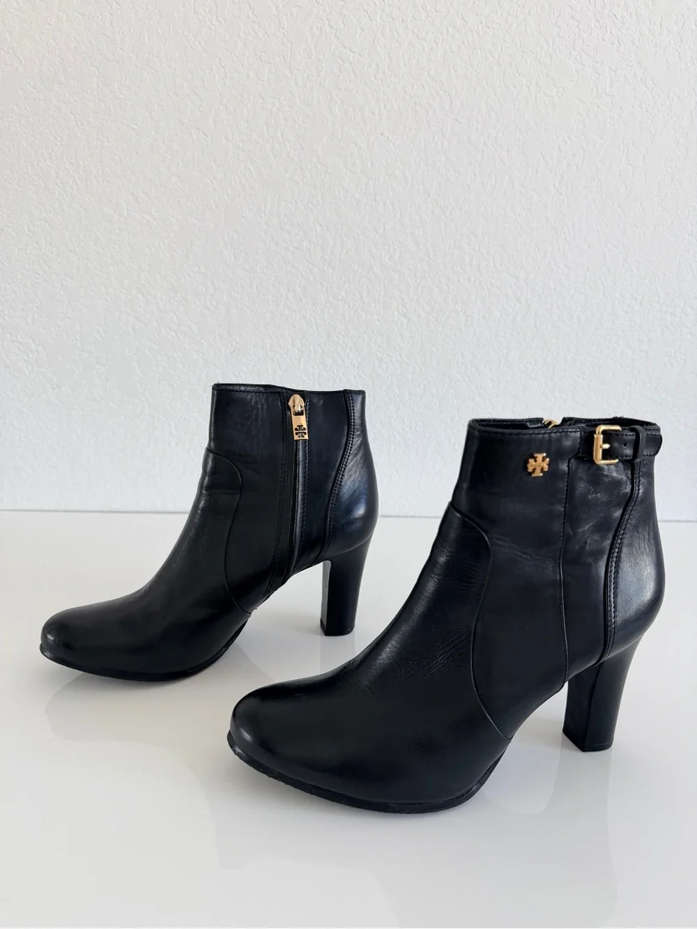 Tory Burch Black Leather Ankle Booties with Gold Hardware